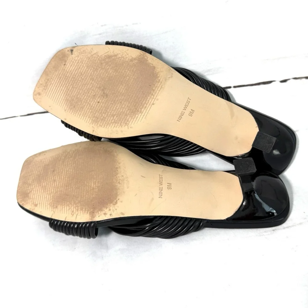 Nine West Dafidil Womens Sandals 9 M Black Leather Slip On Kitten Heels